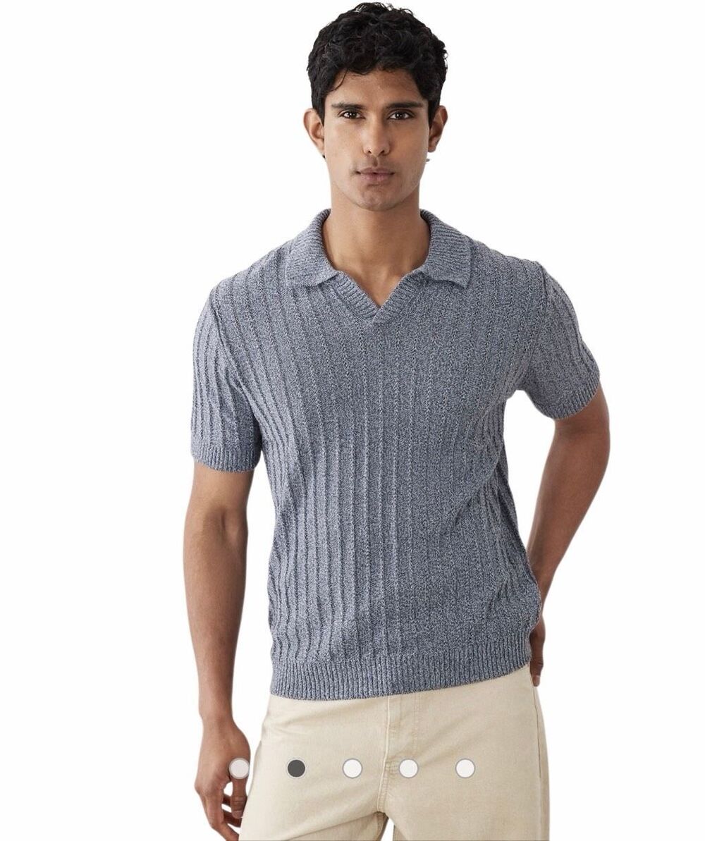 Mango textured knitted revere neck polo shirt Small